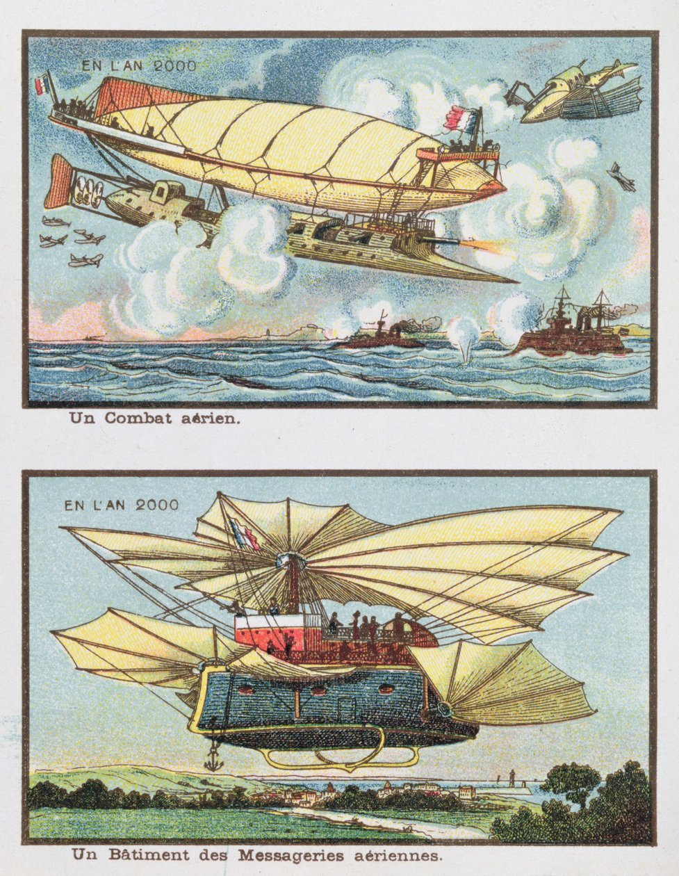 幻想描绘了空战和2000年运输货物的飞机，c.1910 作者 法语学校