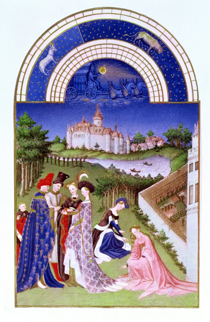 4月的法西斯：Limbourg兄弟在城堡场地中的宫廷人物，来自Tres Riches Heures du Duc de Berry（原件见8436） 作者 法语学校