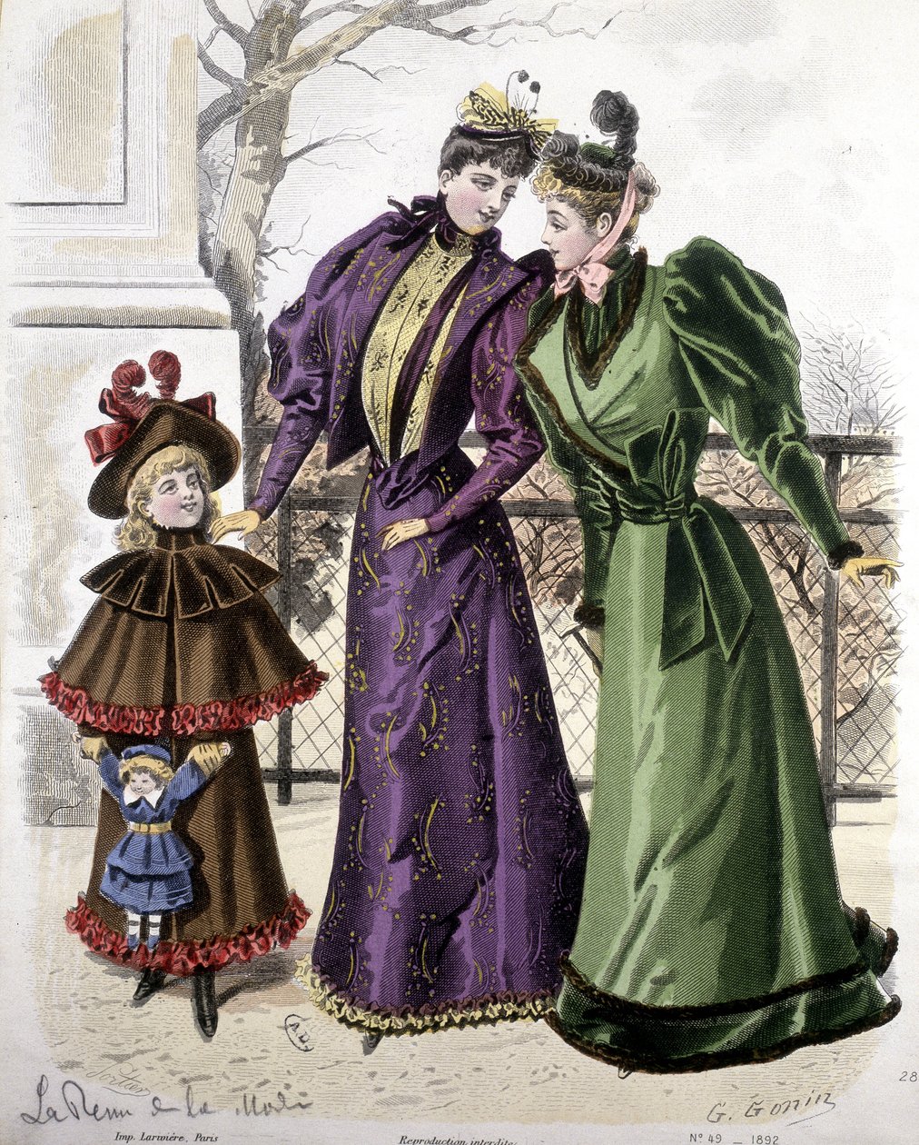 时尚：两个女人和一个女孩抱着一个娃娃。1892 作者 法语学校