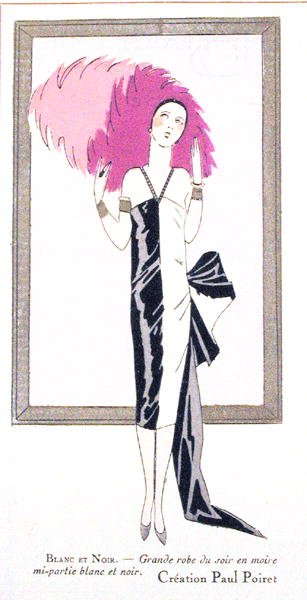 Paul Poiret（1879-1944）设计的晚礼服 "Blanc et Noir"，来自杂志《Art, Gout, Beaute》。 作者 法语学校