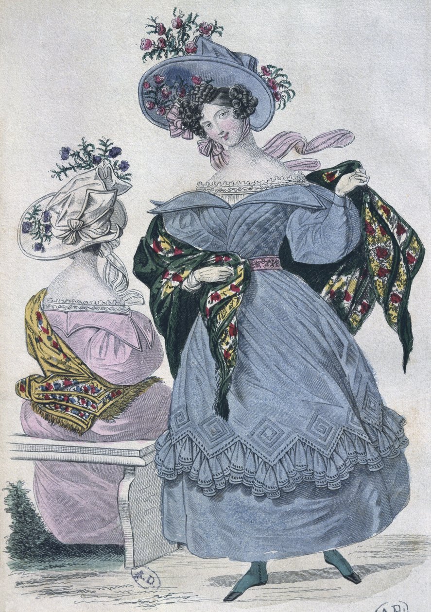 时尚板，巴黎，插图来自The Little Courrier des Dames，1830（彩色雕刻） 作者 法语学校