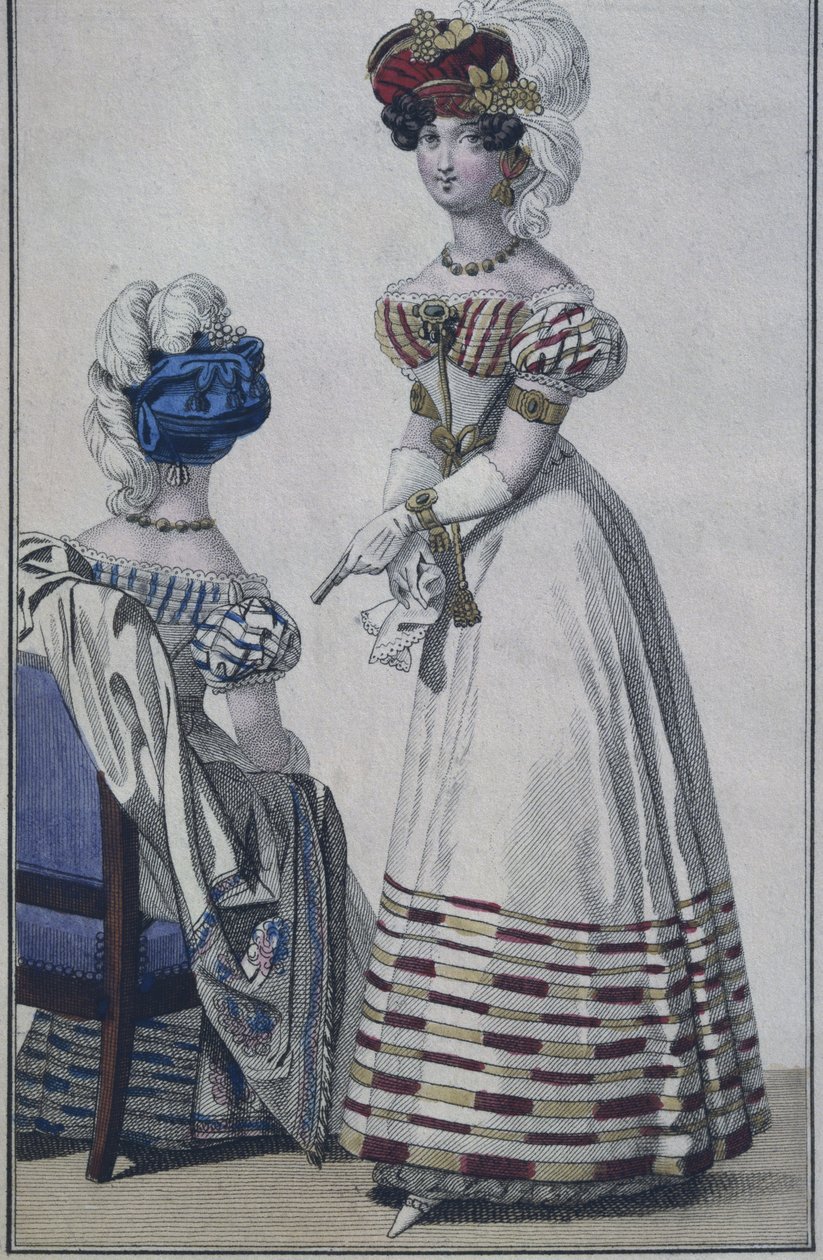 时尚板，巴黎，插图来自The Little Courrier des Dames，c.1820（彩色雕刻） 作者 法语学校