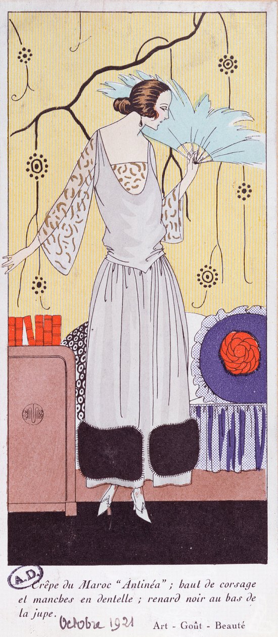 时尚板描绘了由羽毛制成的扇子，来自Art，Gout，Beaute，1921，（pochoir print） 作者 法语学校