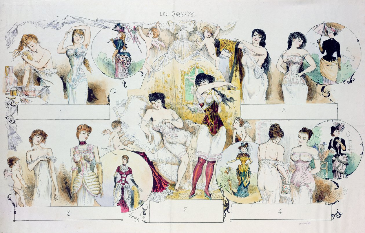 La Vie Parisienne的时装板描绘紧身胸衣，c.1870（彩色雕刻） 作者 法语学校
