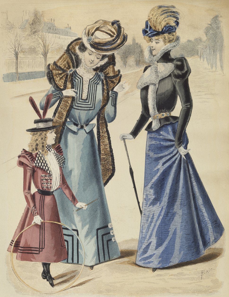 时尚板，在林荫大道上，插图来自La Nouvelle Mode，1897（彩色雕刻） 作者 法语学校