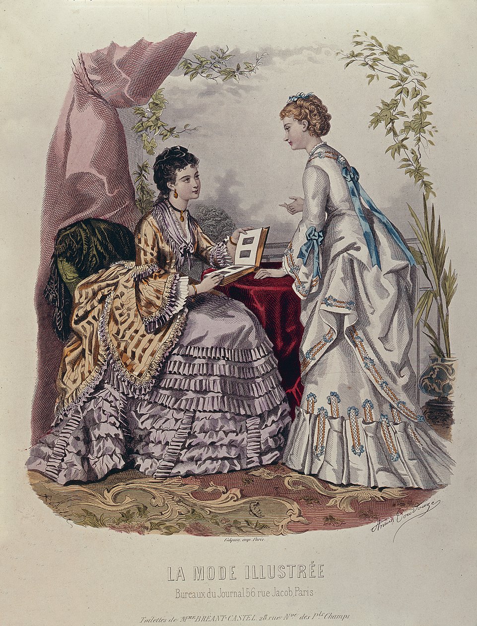 时装板显示女士们穿着由Mme Breant-Castel设计并看着相册，1872年 作者 法语学校