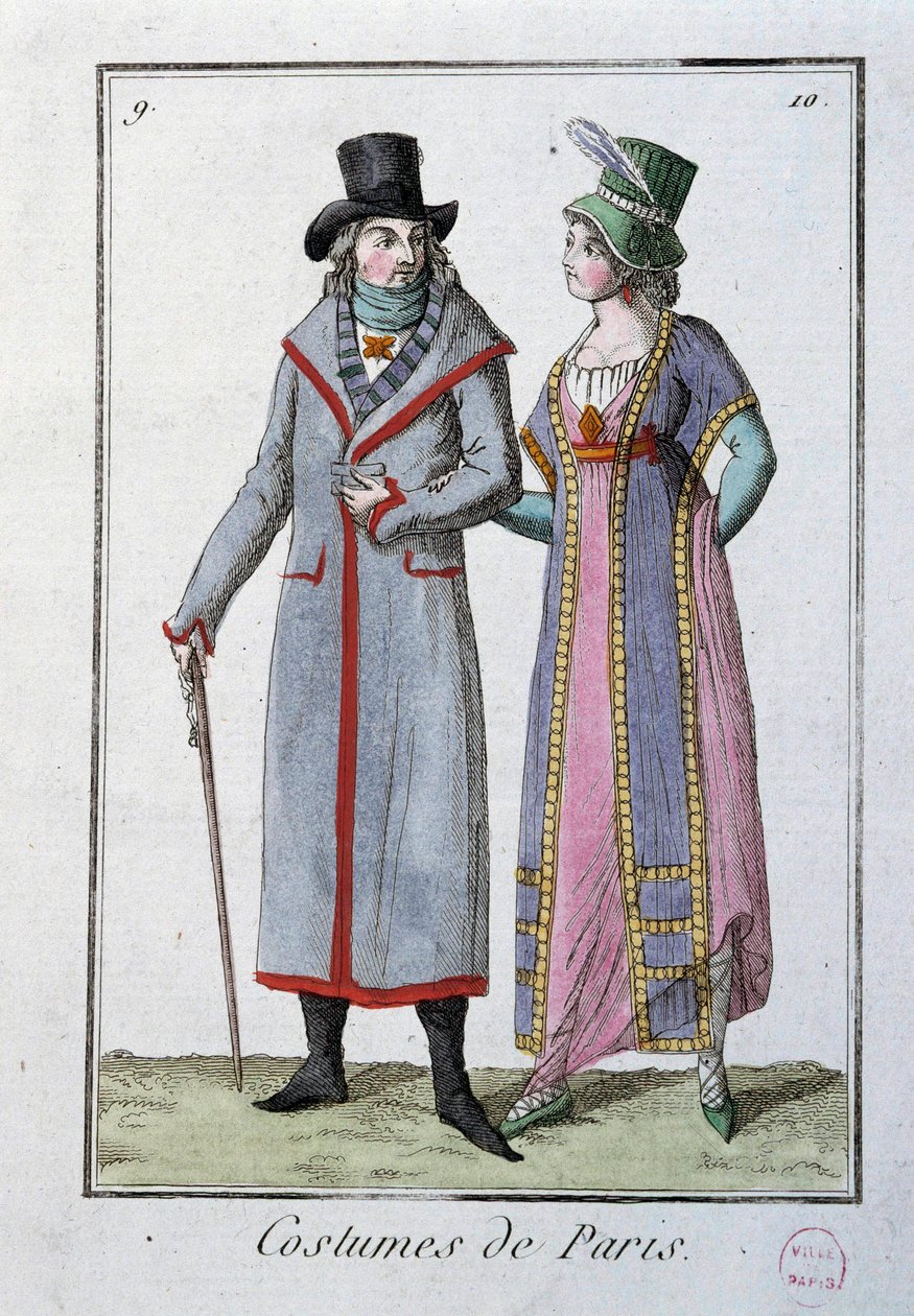 Directoire时期的时尚：一对优雅的巴黎人。1795年的匿名石版画。巴黎，服装博物馆 作者 法语学校