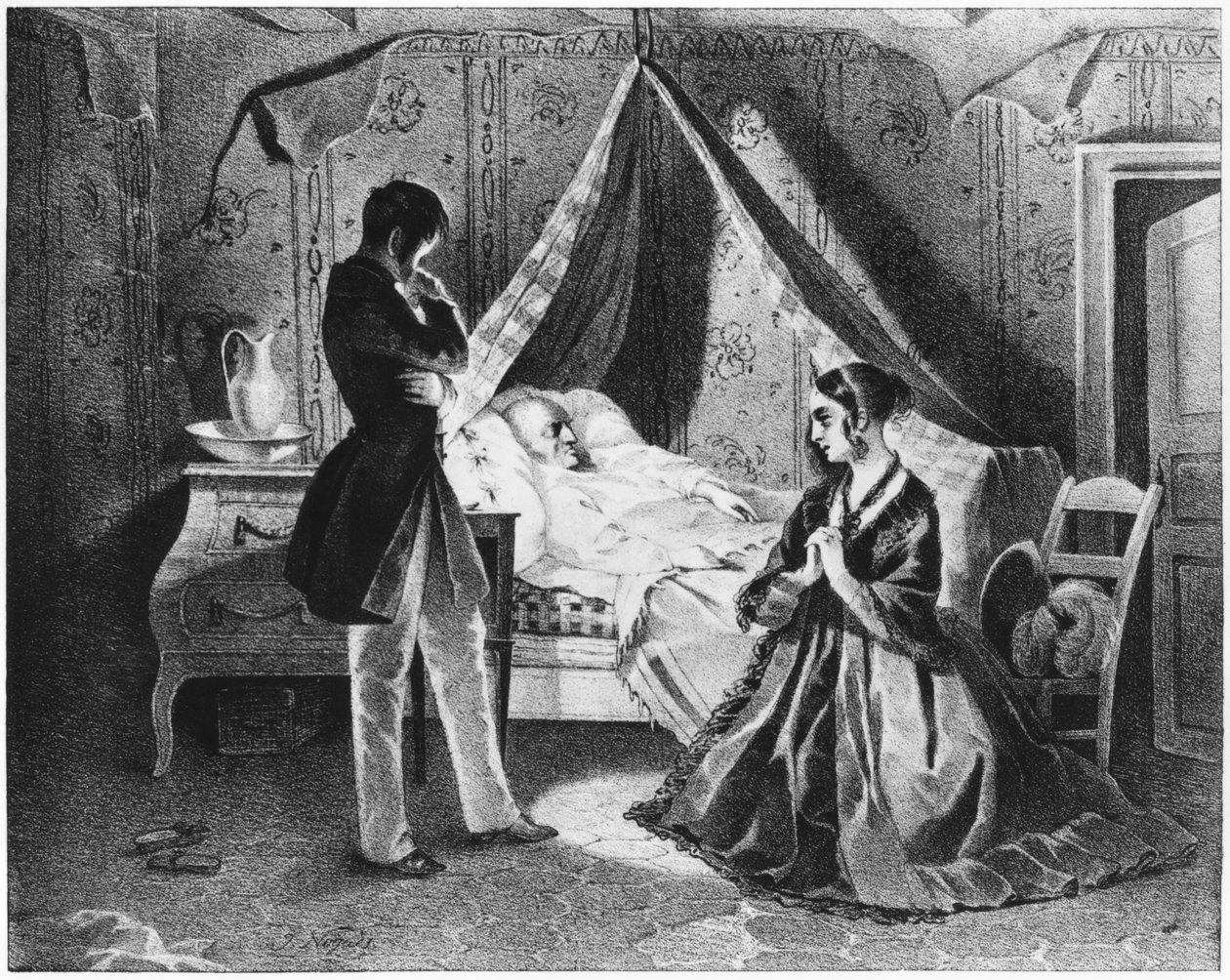 父亲Goriot在他的临终前，来自&39;Le Pere Goriot&39;的插图由Honore de Balzac（1799-1850） 作者 法语学校