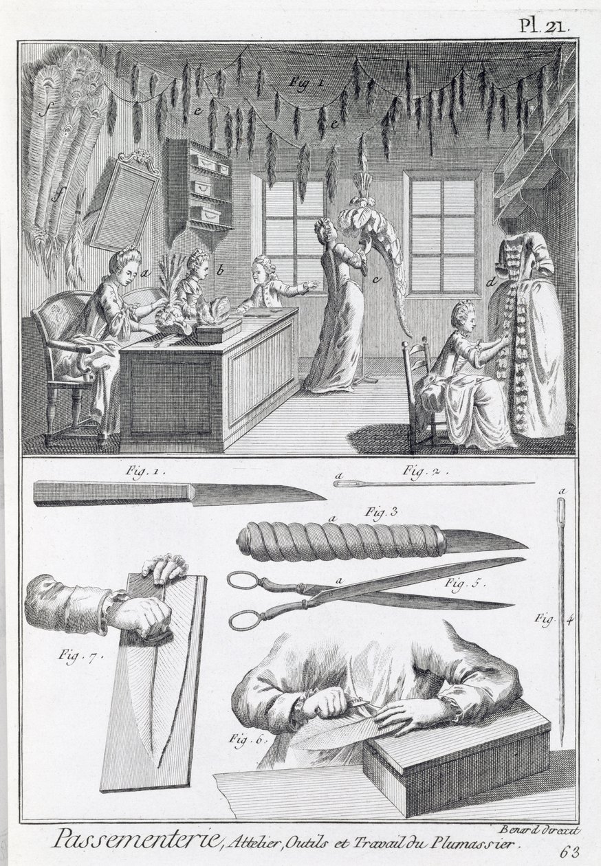 羽毛工人及其工具，来自Denis Diderot的Encyclopedie des Sciences et Metiers（1713-84）发表于1770年 作者 法语学校