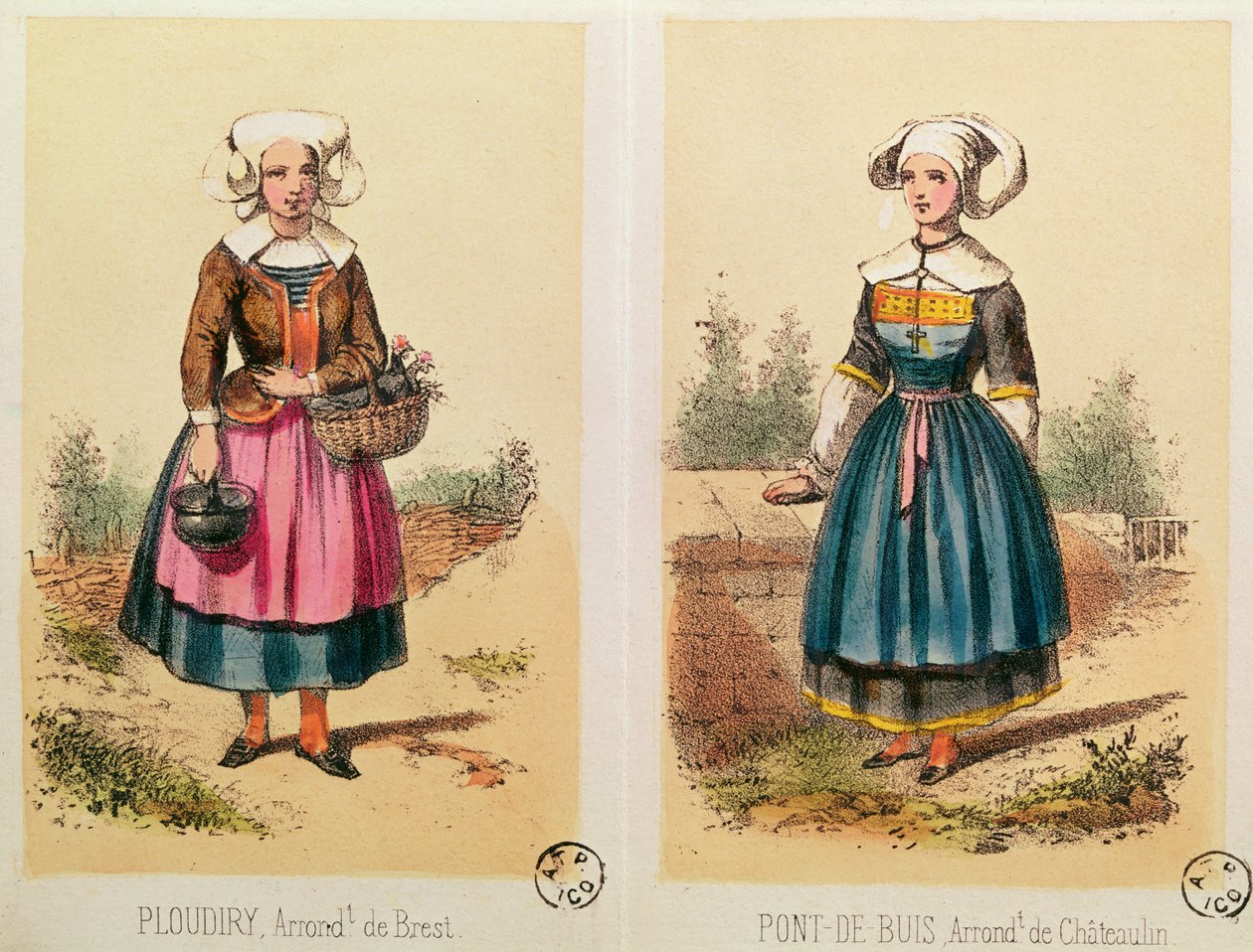 女装，来自Ploudiry和Pont de Buis，来自Les Costumes Bretons de Sorrieu 作者 法语学校