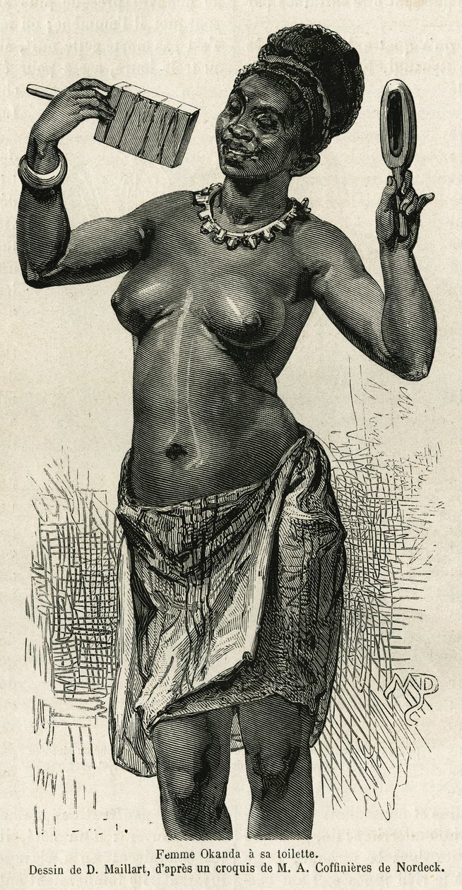 奥坎达女士上厕所，由D.Maillard绘制，用于说明1875-1877年阿尔弗雷德-马奇前往加蓬和奥古埃河的故事。世界之旅》中的版画 作者 法语学校