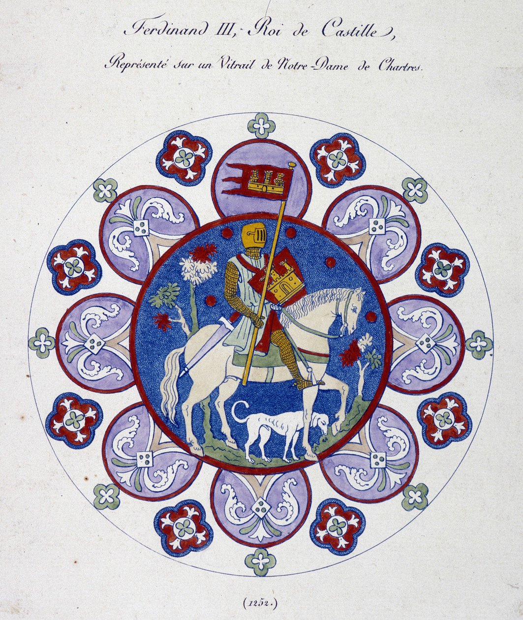 卡斯蒂利亚国王费尔南三世在沙特尔圣母院 (1252) 的彩色玻璃上代表。 大学比喻。 作者 法语学校