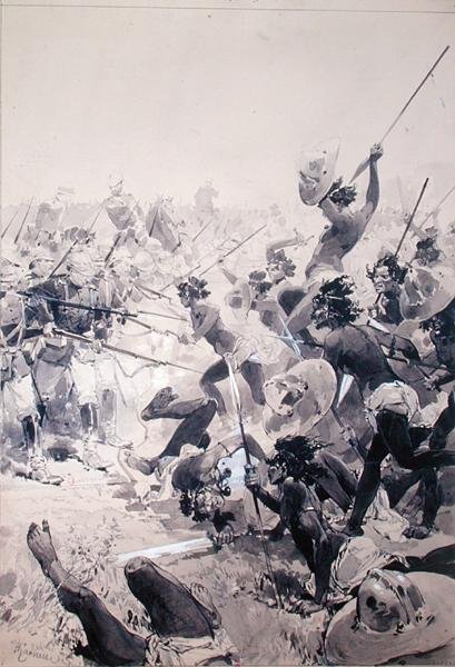 祖鲁人和英国士兵之间的战斗，约1878年（纸上水彩）。 作者 法语学校