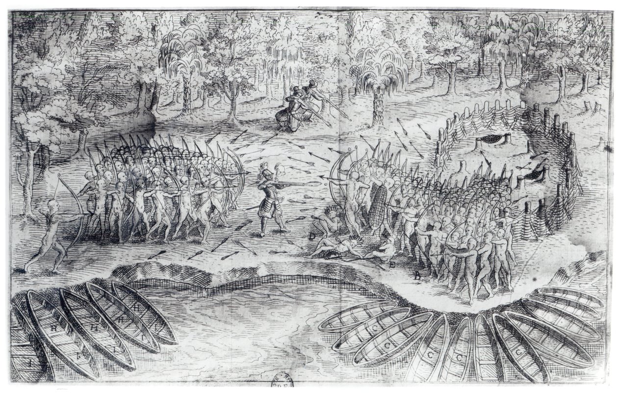 来自塞缪尔·德·尚普兰（1567-1635）的“1624年的行程de Champlain”中的休伦人战斗 作者 法语学校