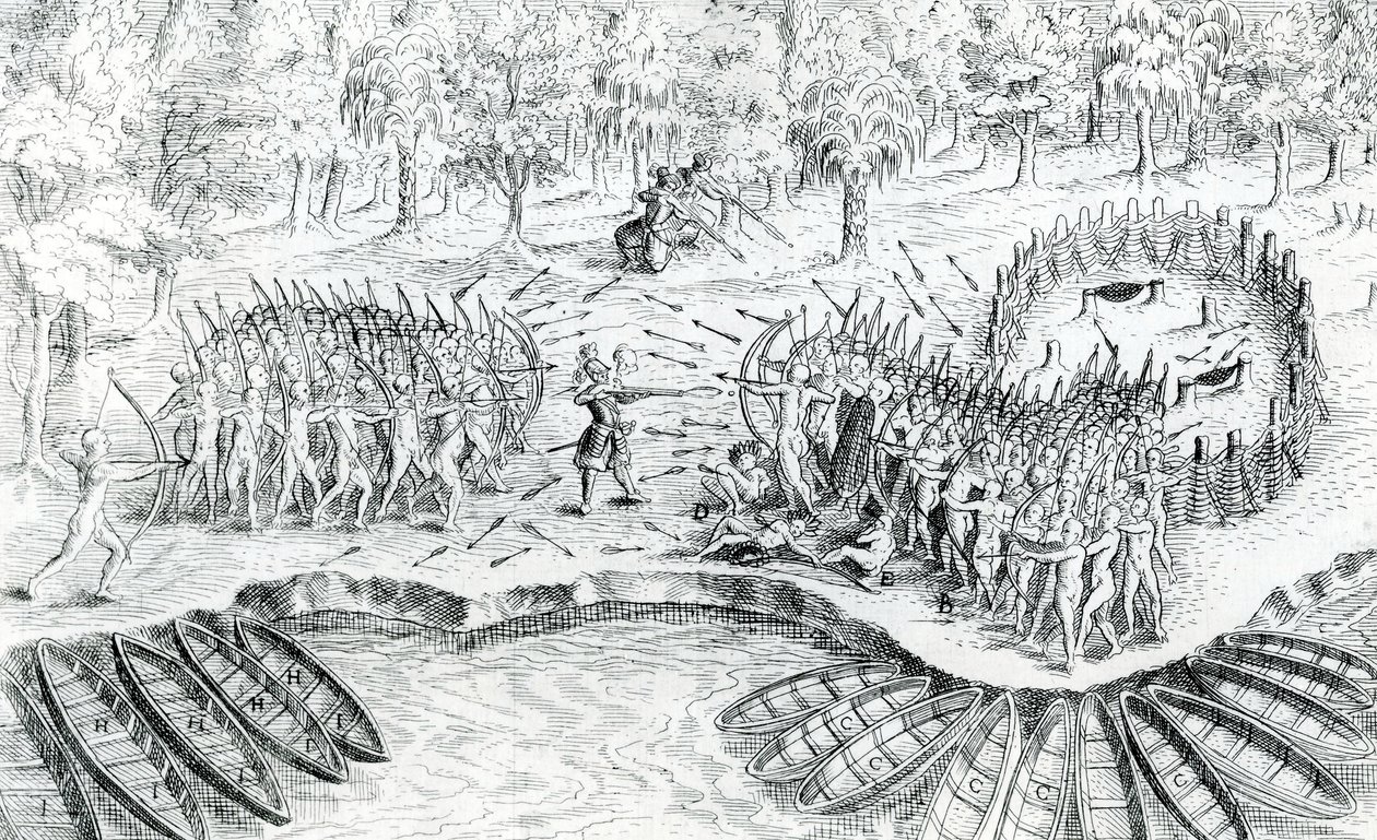 1624年，塞缪尔·德·尚普兰（Samuel de Champlain）于1567年至1635年间，从尚未开垦的Voyage de Champlain战斗休伦人 作者 法语学校