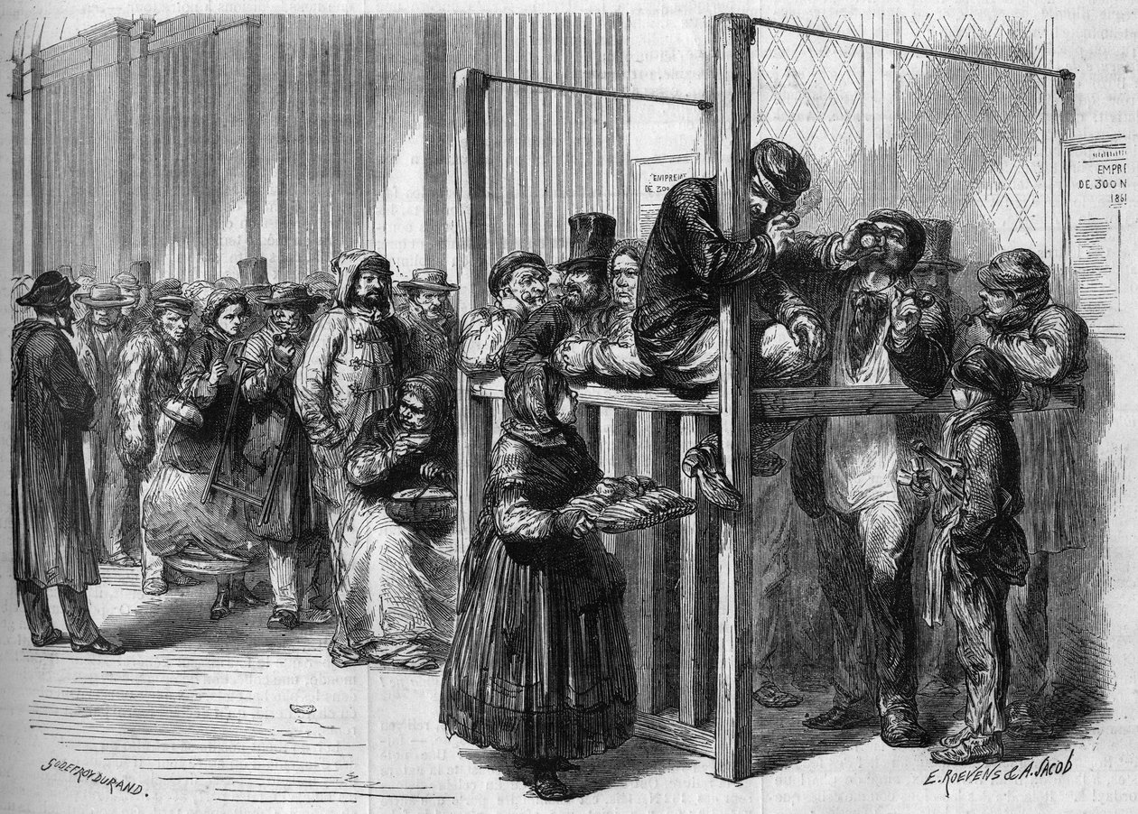 在巴黎泰伯尔山街的一个柜台前排队认购法国政府于1864年推出的三亿一千五百万国家贷款。1864年1月30日《世界画报》第355期的版画。 作者 法语学校