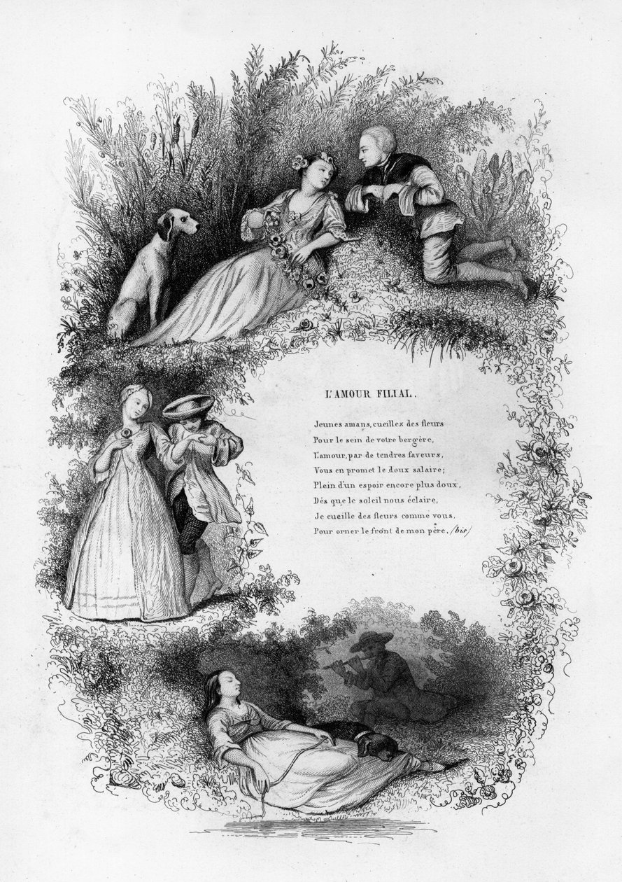 Filial love. A young man seductive three young women in the countryside. Engraving in “” Chants et chansons populaire de la France””, Tome 2 作者 法语学校