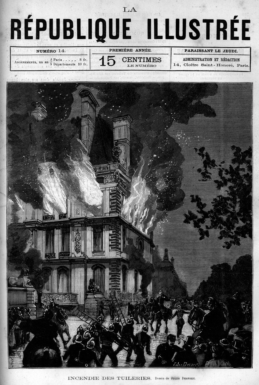 巴黎杜伊勒里宫的弗洛尔亭的火灾。一份报纸。1880年的版画，由 "La republique illustrstree "私人收藏。 作者 法语学校