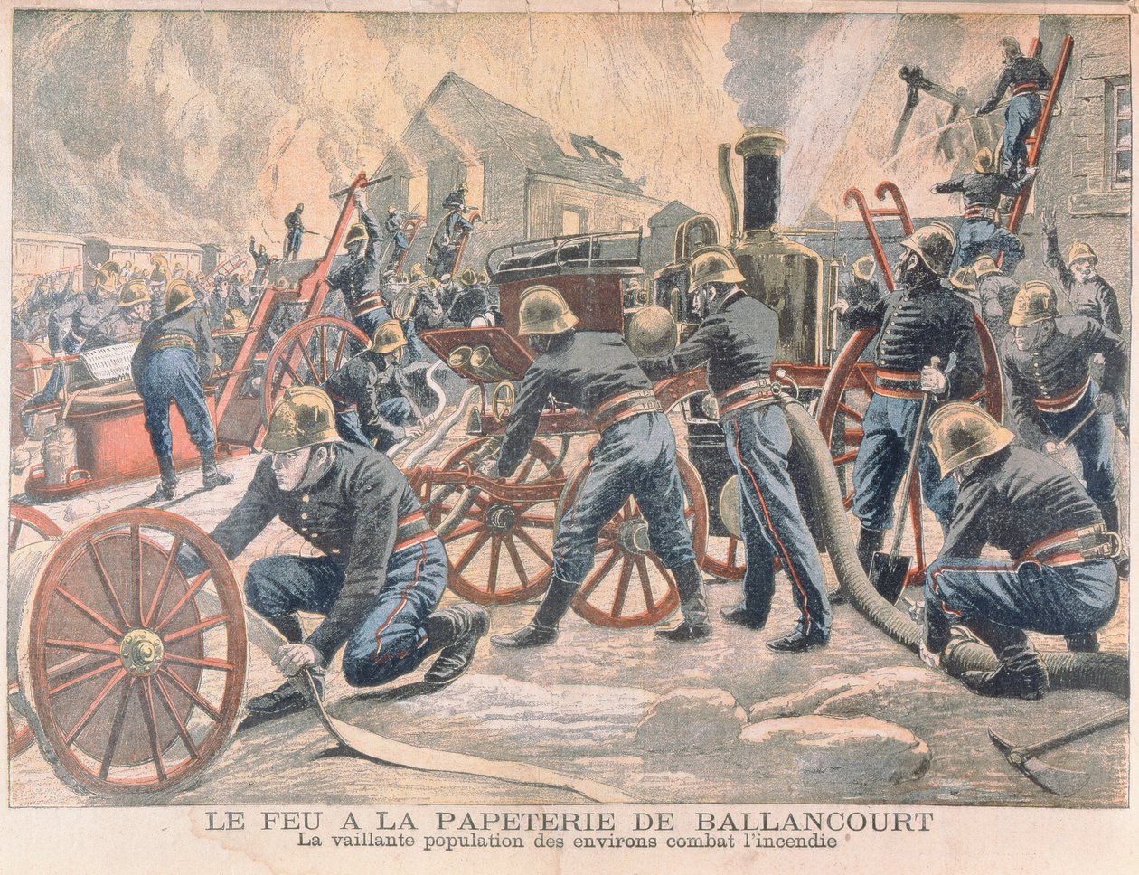 消防员在Ballancourt的一家造纸厂与Le Petit Journal合作，1905年 作者 法语学校