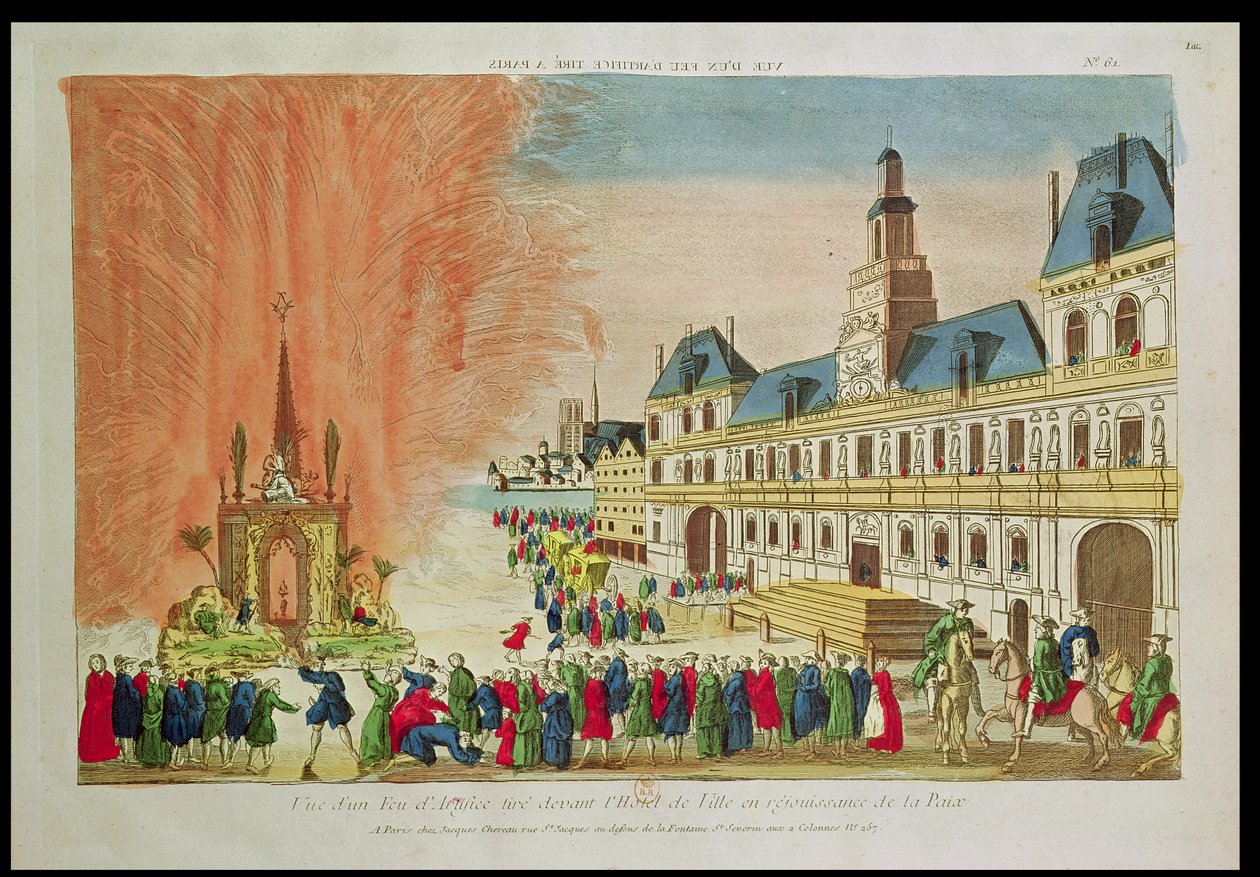 烟花在巴黎的Hotel de Ville酒店门前庆祝凡尔赛和平，1783年 作者 法语学校
