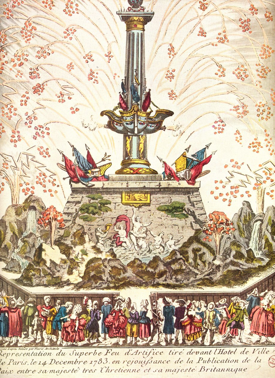 1783年12月14日在巴黎的Hotel de Ville酒店门前庆祝凡尔赛和平的烟花 作者 法语学校