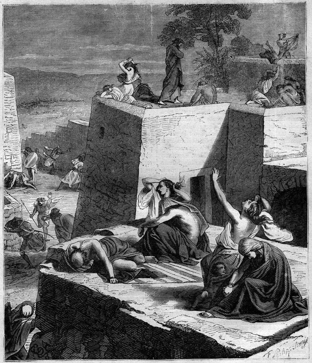 第一次十字军东征（1096-1099）。德国十字军击溃了匈牙利人，并放火焚烧城市。莫里斯-拉夏尔（Maurice Lachatre）的《历代教皇-资产-皇后和皇帝的历史》中的雕版画 作者 法语学校