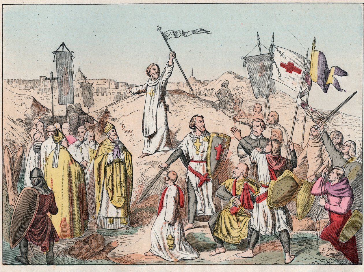 First Crusade: the siege and the capture of Jerusalem by the croises led by Godefroy (Godefroi) de Bouillon (1058-1100) in 1099 - Godfrey de Bouillon at the Siege of Jerusalem - Engraving of the end of the 19th century in “” Nos Gires Nationales - Images e 作者 法语学校