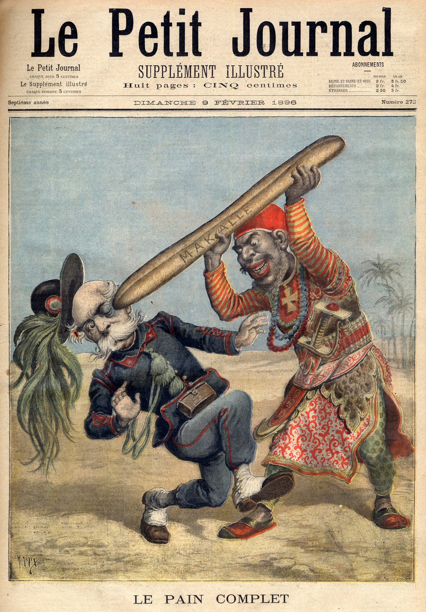 第一次意大利-埃塞俄比亚战争--Francesco Crispi（1818-1901）的漫画和意大利侵略军在埃塞俄比亚马卡勒围城的失败--载于1896年2月9日的《小报》（雕刻版）。 作者 法语学校