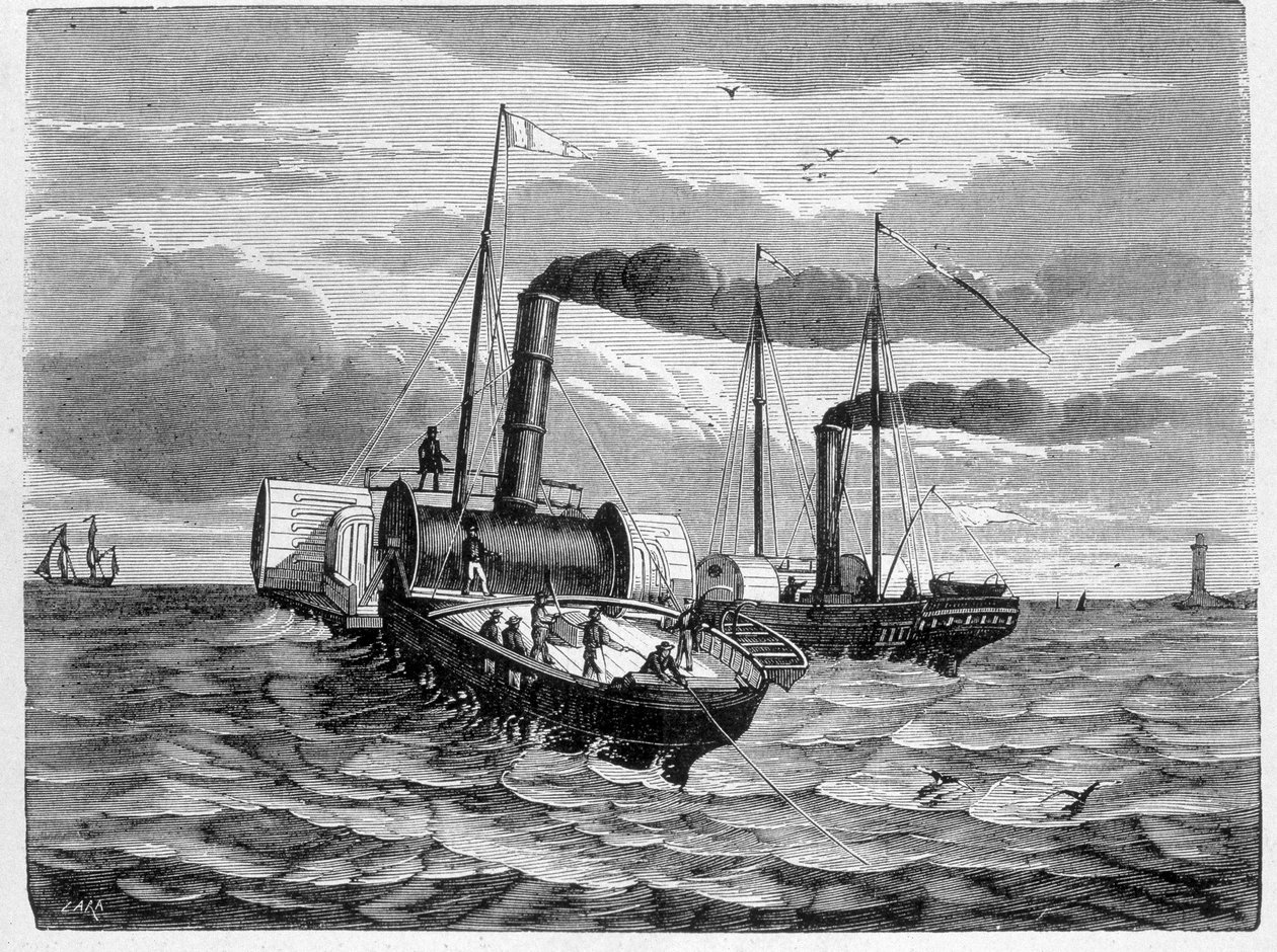 首次尝试安装从多佛尔到加来的电导体（1851年）--载于《科学专辑；杰出的科学家；伟大的发现》1896年。 作者 法语学校