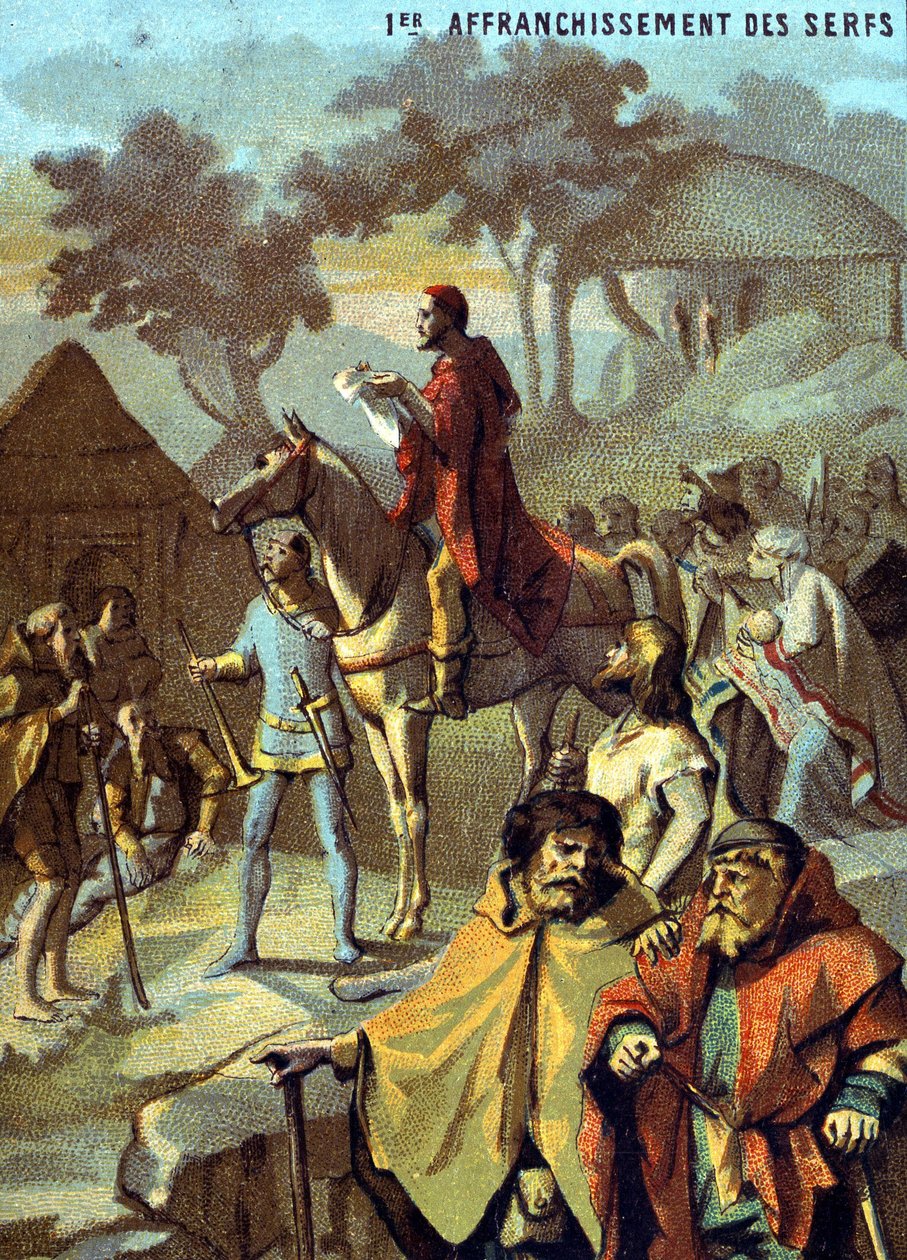 First liberation of the serfs (1315) by Louis X. Chromolithography of the series “” Patriotic teaching through image””. 作者 法语学校