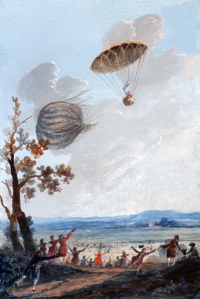 1797年10月22日，第一个降落在降落伞上的人，在巴黎的蒙索公园，c.1797 作者 法语学校