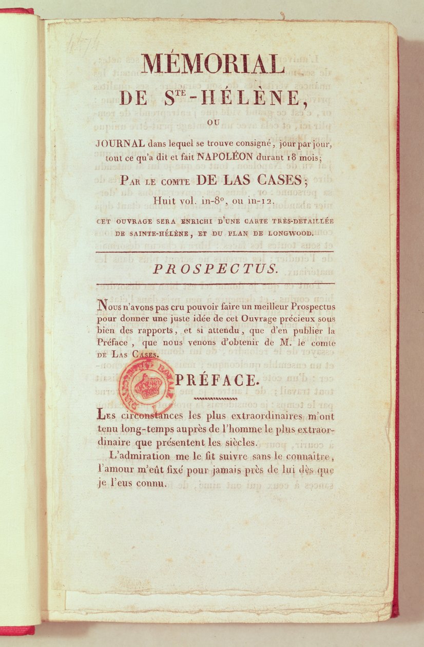 纪念de Sainte-Helene的第一页由Emmanuel Las Cases（1766-1842）1823 作者 法语学校