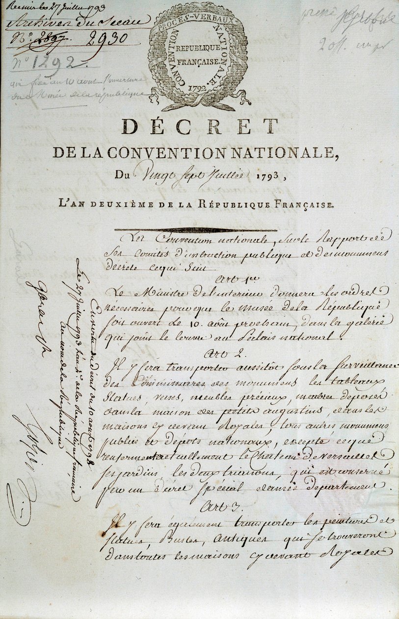 1793年7月27日《国民大会》宣言的首页，将卢浮宫（Palais du Louvre）建立为博物馆 作者 法语学校
