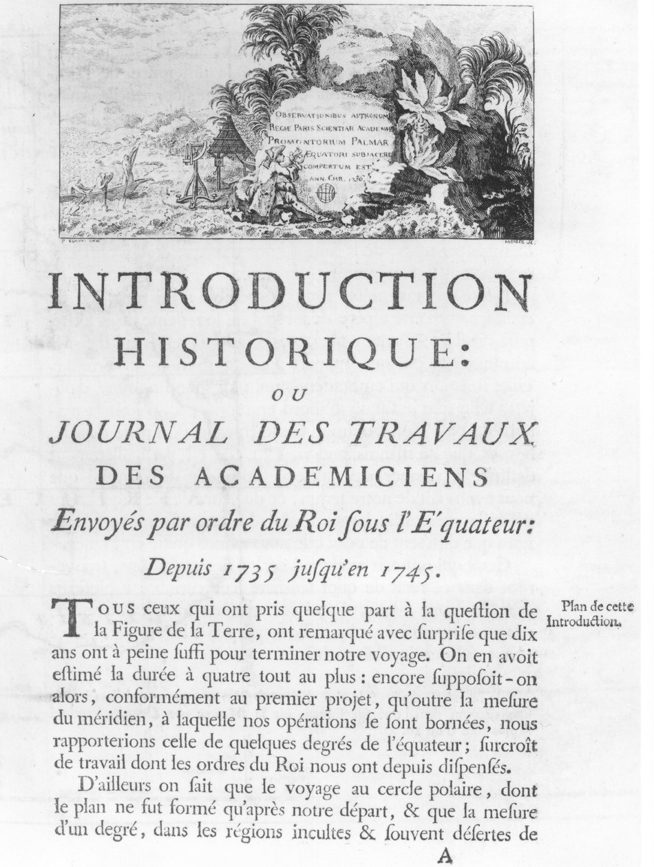 自1735年至1745年由查尔斯·玛丽·德·拉康达明（1701-174）1751（bw）在厄瓜多尔根据国王勋章进行的“学者的作品”杂志的介绍的第一页 作者 法语学校
