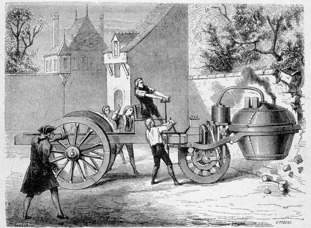 First steam car (the fardier) tried by the inventor Cugnot, inside the Arsenal, Paris 作者 法语学校