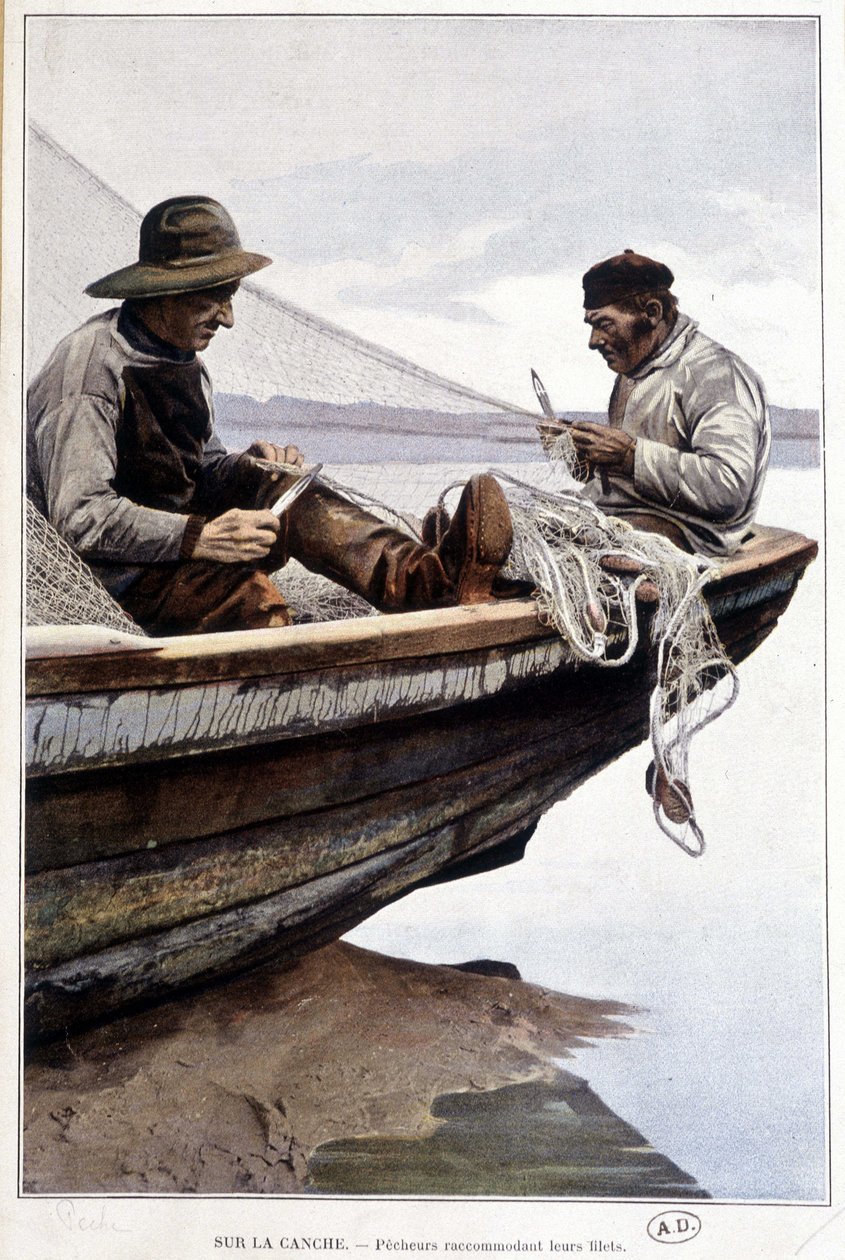 渔民在船上划网，1895 年 作者 法语学校