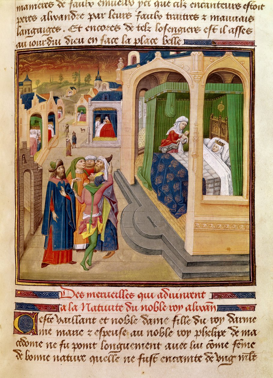 Fol.10r出生于亚历山大大帝（公元前356-323）的奇迹，来自Jean Wauquelin的一本书，来自Alexandre 1460的Histoire du Grand Alexandre 作者 法语学校