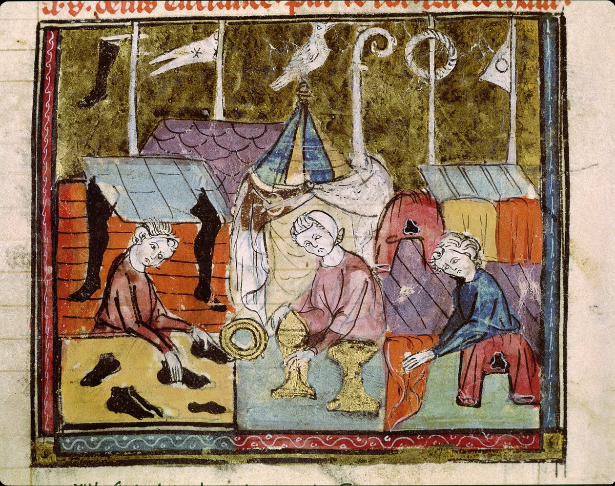 Fol.122v商人在圣丹尼斯附近的Fair Lendit，来自法国的伟大编年史，1375-79 作者 法语学校