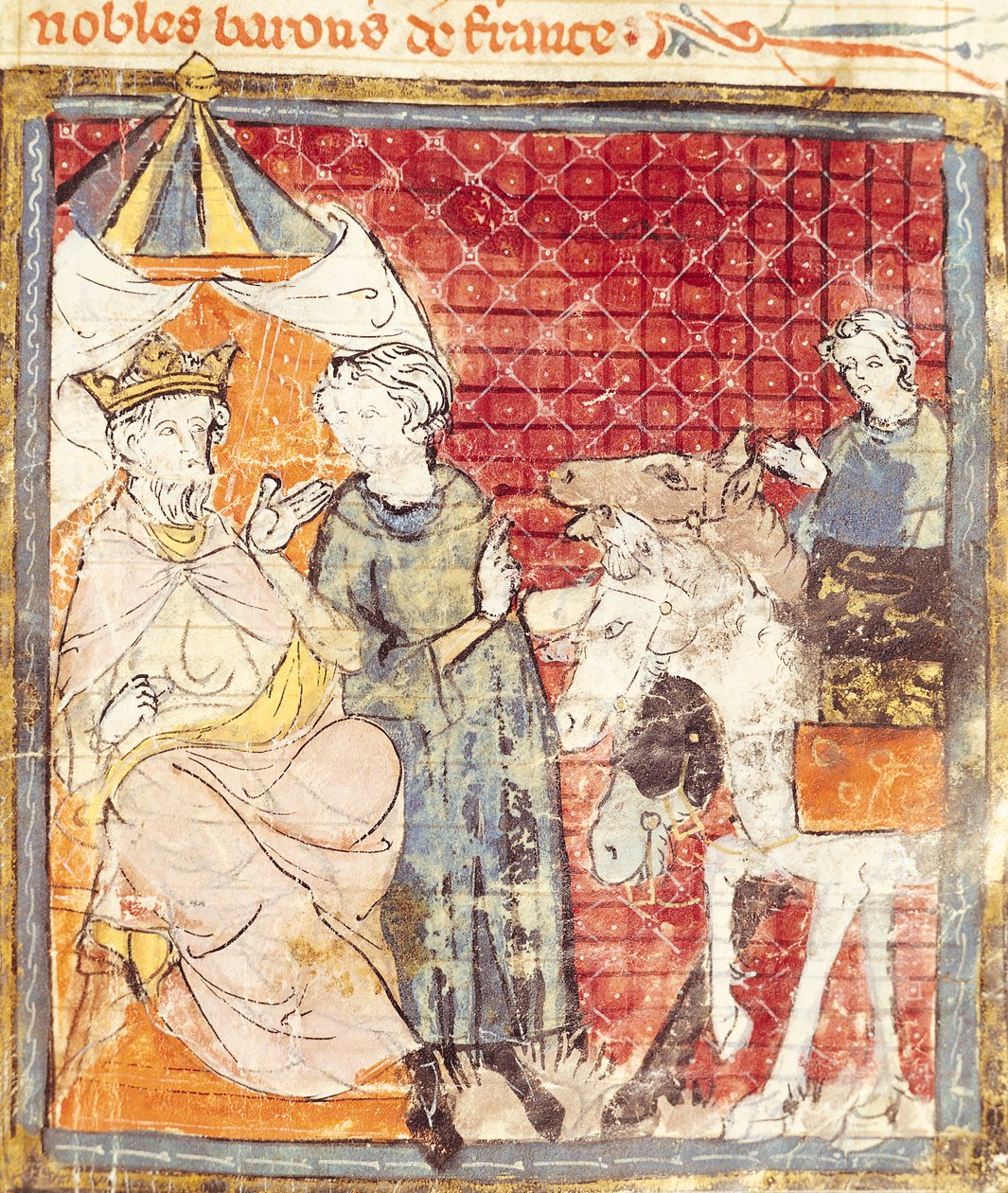 Fol.133r罗兰招标告别查理曼（742-814），法国伟大编年史，1375-79 作者 法语学校