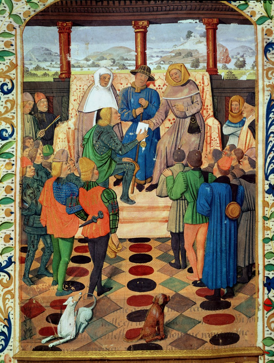 Fol.185v查理七世（1403-61）由Jean de Bueil（1405-78）向Le Jouvencel赠送圣女贞德（1412-31） 作者 法语学校