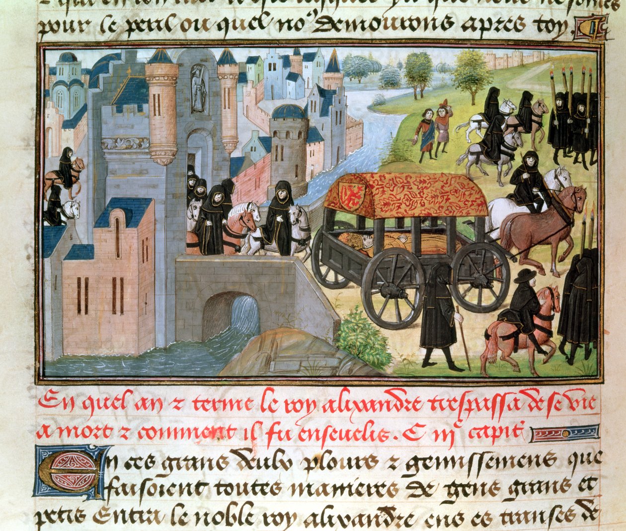Fol.305v亚历山大大帝（公元前356-323）如何从Jean Vauquelin的手稿中传出并被埋葬，来自1460年的亚历山大大帝历史 作者 法语学校