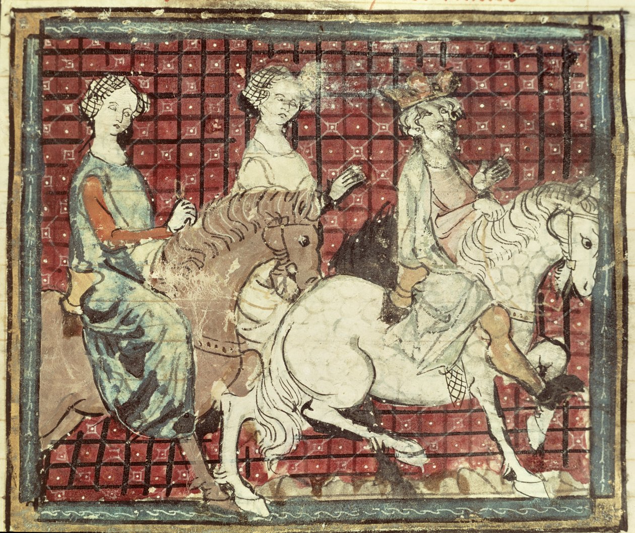Fol.31r Chilperic I（543-97）和马背上的Fredegonde，来自Grandes Chroniques de France，1375-79 作者 法语学校