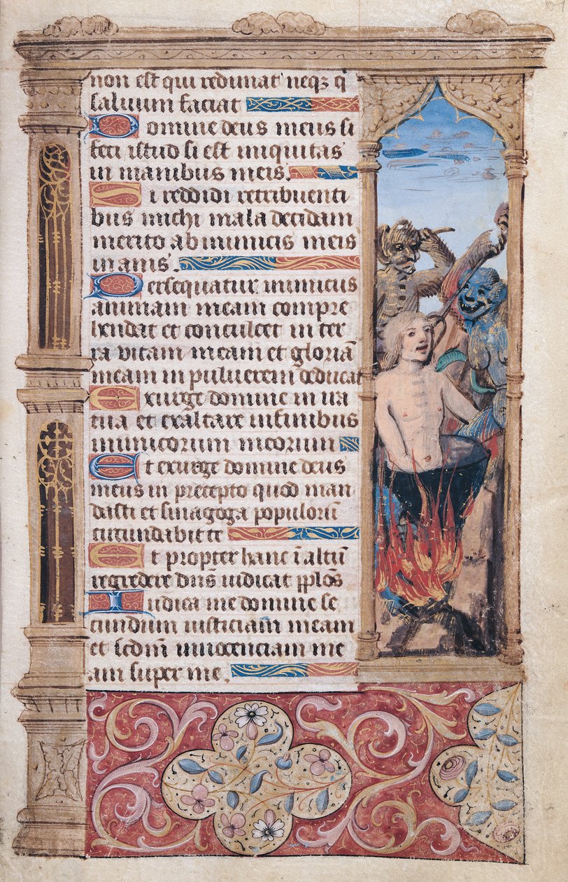 Fol.67r文本页面，带有被两名恶魔折磨的男人的边框细节，来自“ Heures de l” Usage de Rome” 作者 法语学校
