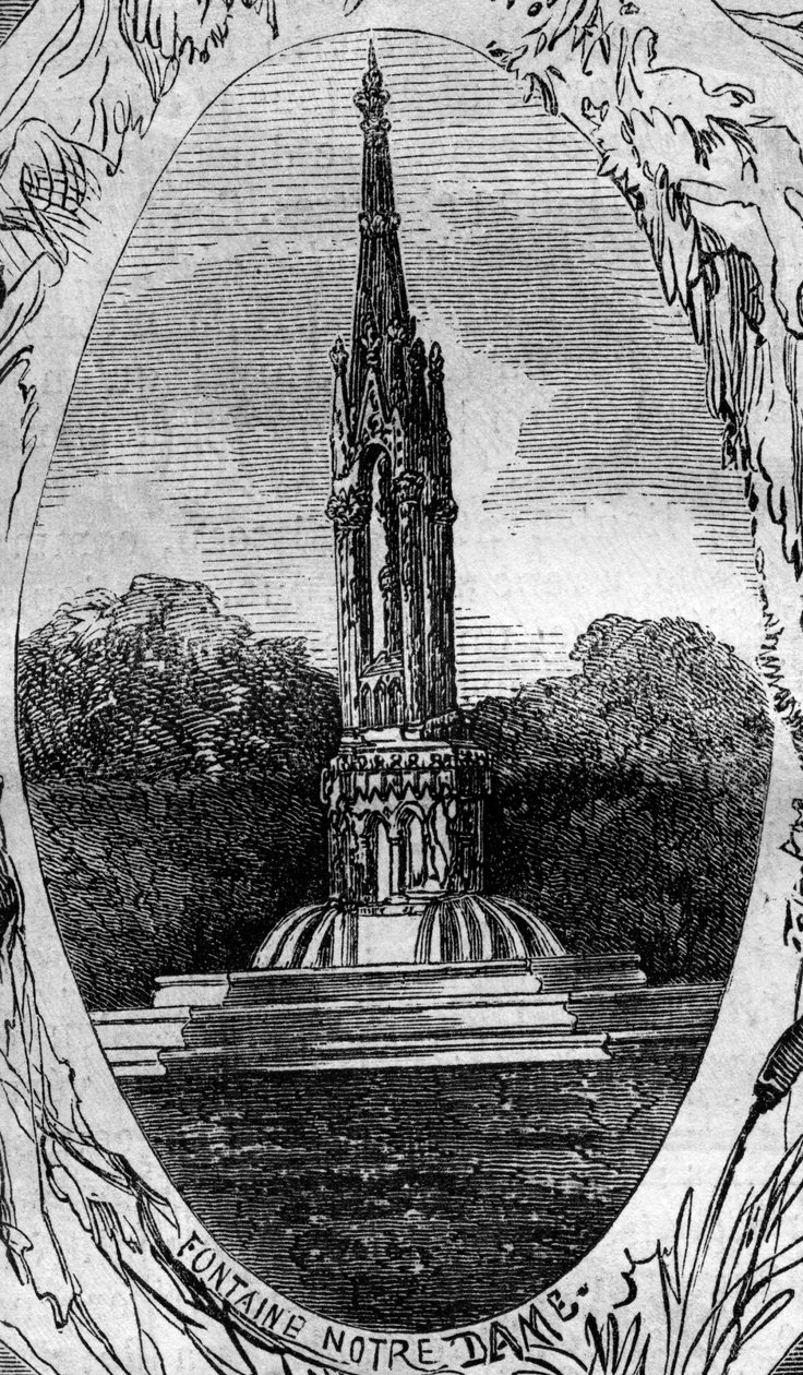 巴黎的喷泉：圣母院喷泉（Notre Dame Fountain）景观（约1845年）。2月22日《世界画报》第254期上的版画 作者 法语学校