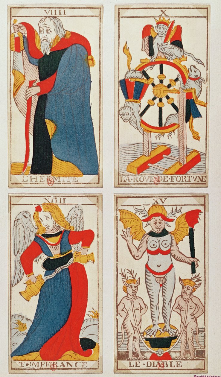 描绘隐士，命运之轮，节制与魔鬼的四张塔罗牌（彩色木版画） 作者 法语学校