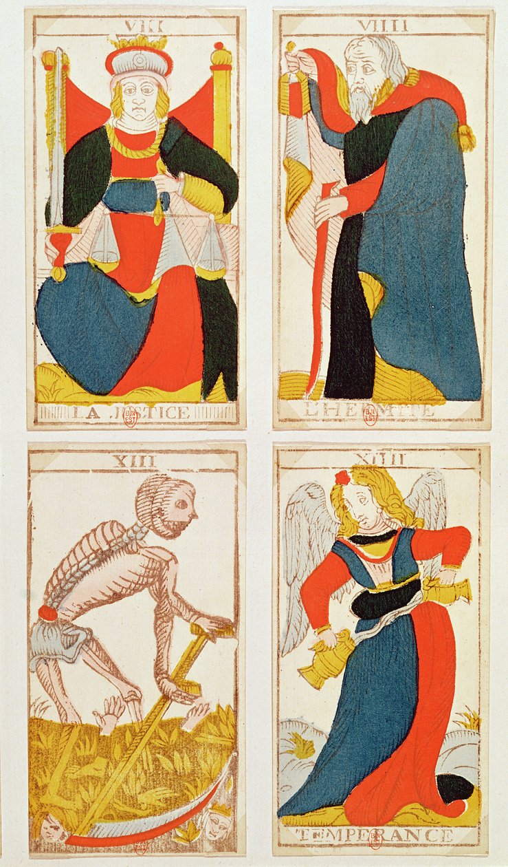 四张塔罗牌，描绘了正义，节制，死亡和隐士（彩色木版画） 作者 法语学校