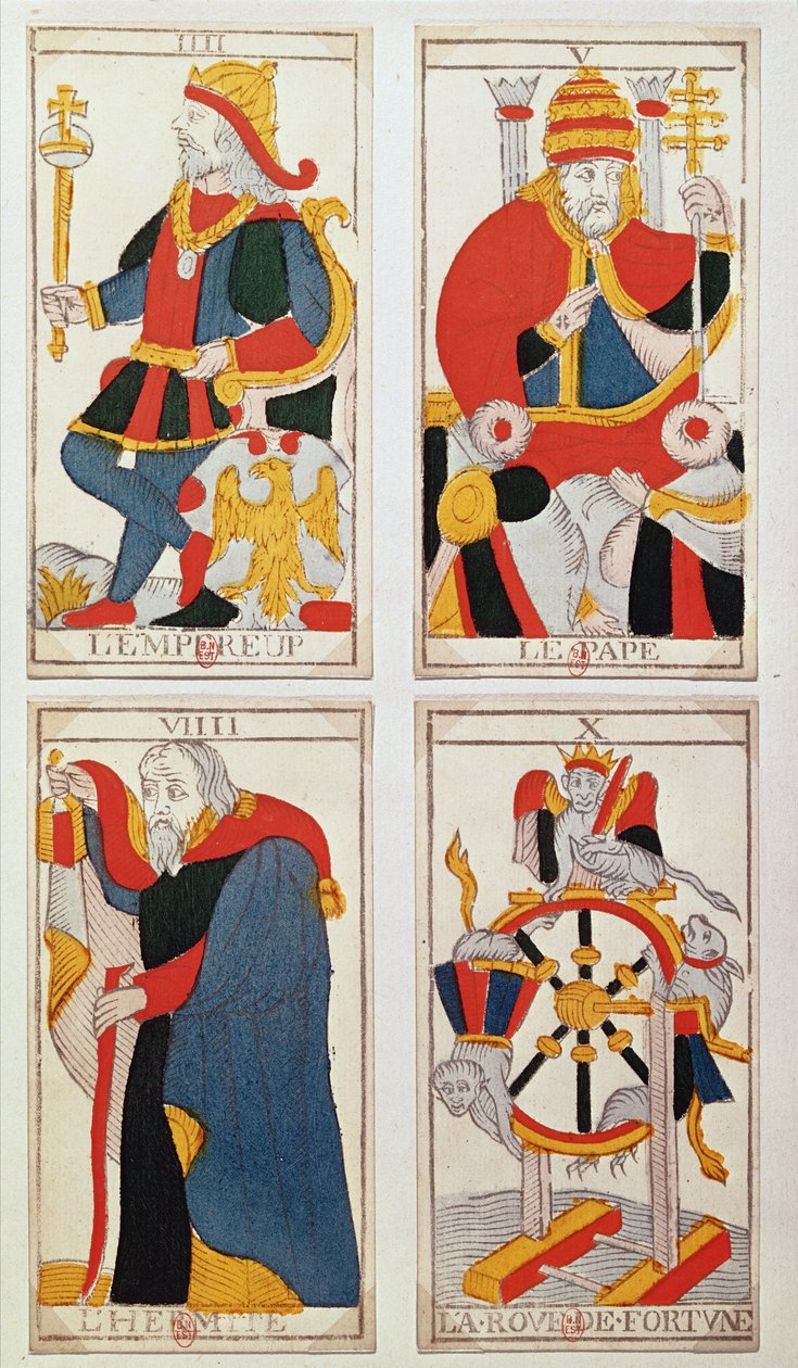 四张塔罗牌，描绘了皇帝，教皇，隐士和财富之轮（彩色木版画） 作者 法语学校