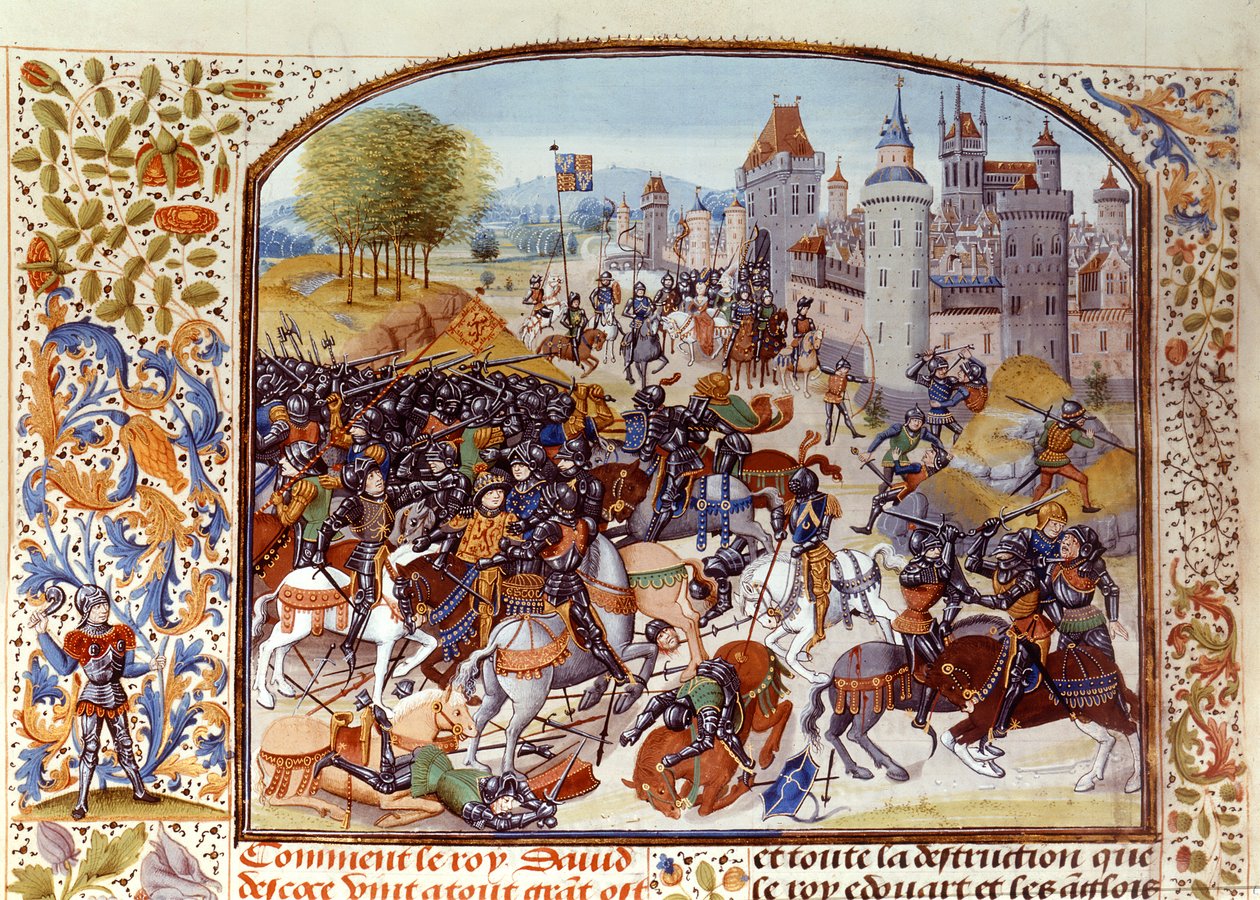 Fr 2643 f.97v 1346年的一百年战争中的内维尔战役，来自Froissarts Chronicle 作者 法语学校