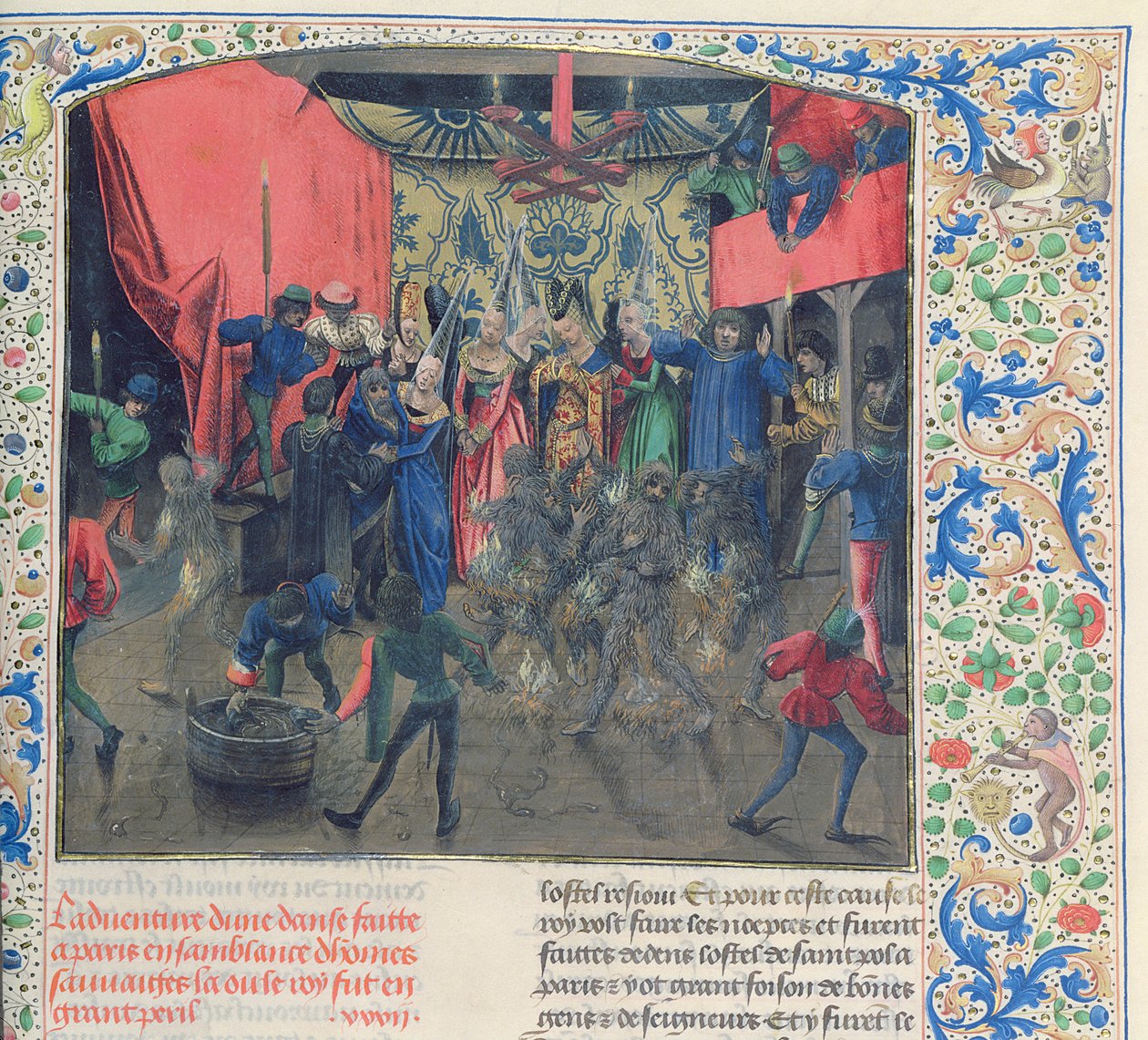 Fr 2646 f.176 Bal des Ardents，查尔斯在奥尔良路易斯放火焚烧舞蹈演员服饰之后被公爵夫人拯救，1392年，来自Froissarts Chronicle 作者 法语学校