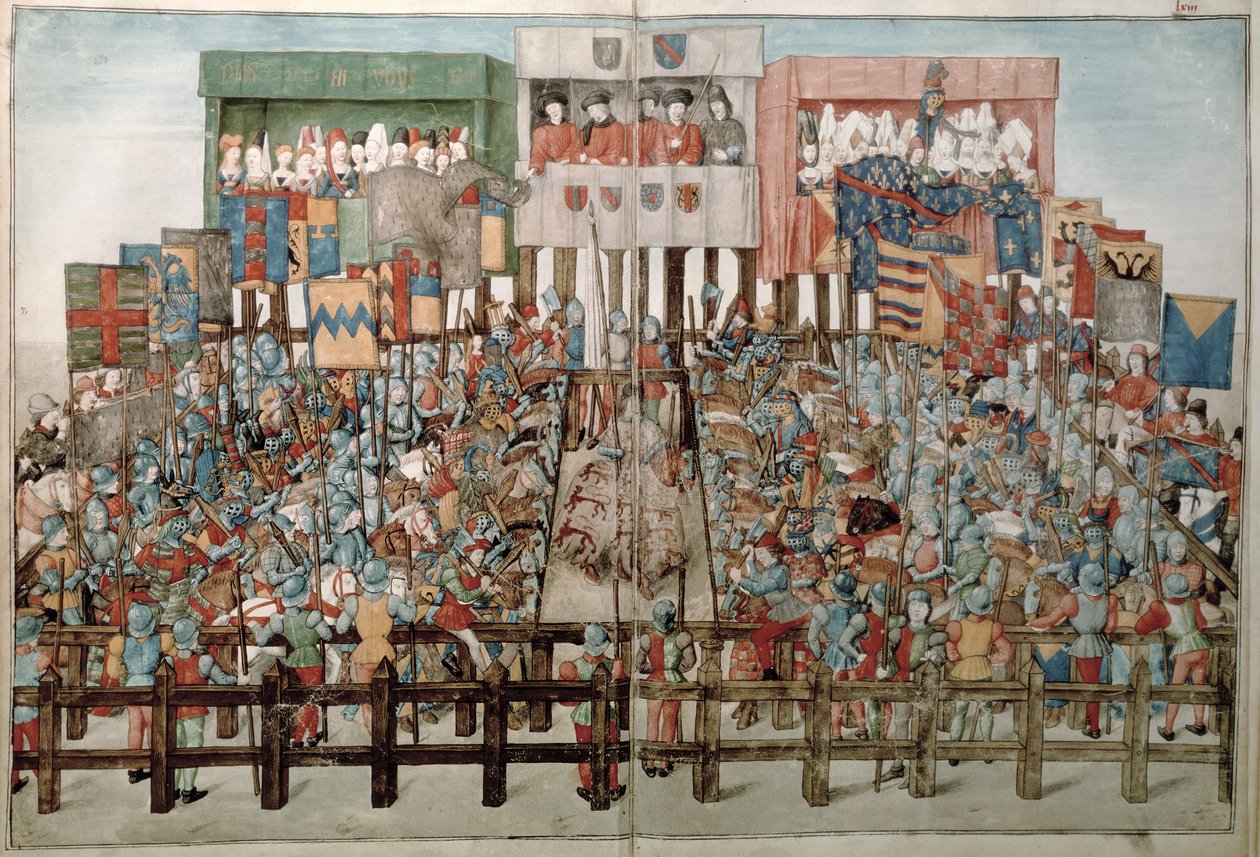 Fr 2692 f.62v-63r King Rene主持一场角逐比赛，来自Rene dAnjou锦标赛，c.1488-89 作者 法语学校